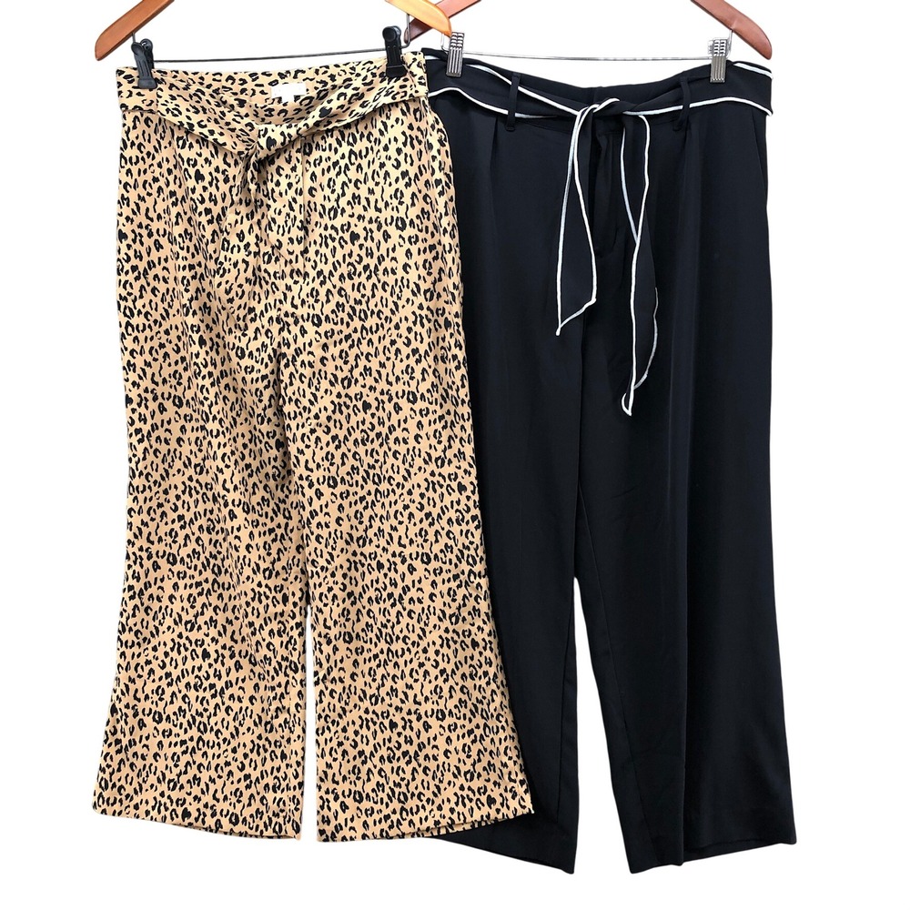 Leith Summersalt Pants Lot Womens Large Leopard Black Wide Leg Tie Waist Cropped